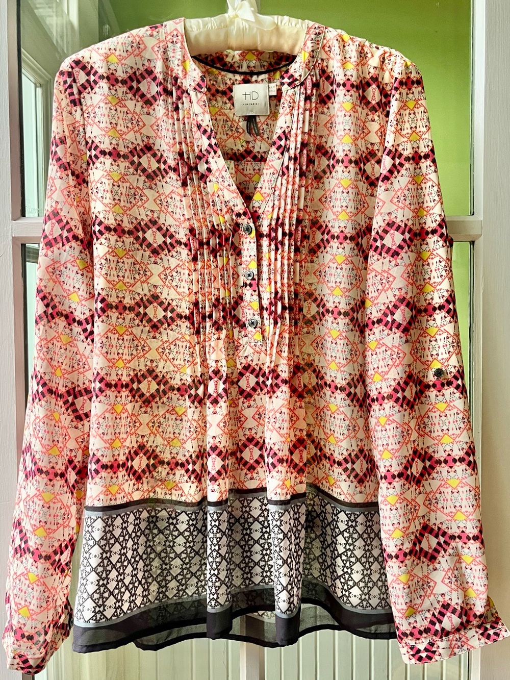 HD in Paris Geometric Pintuck Tunic in Pink & Red with Gray/Black Pattern Trim